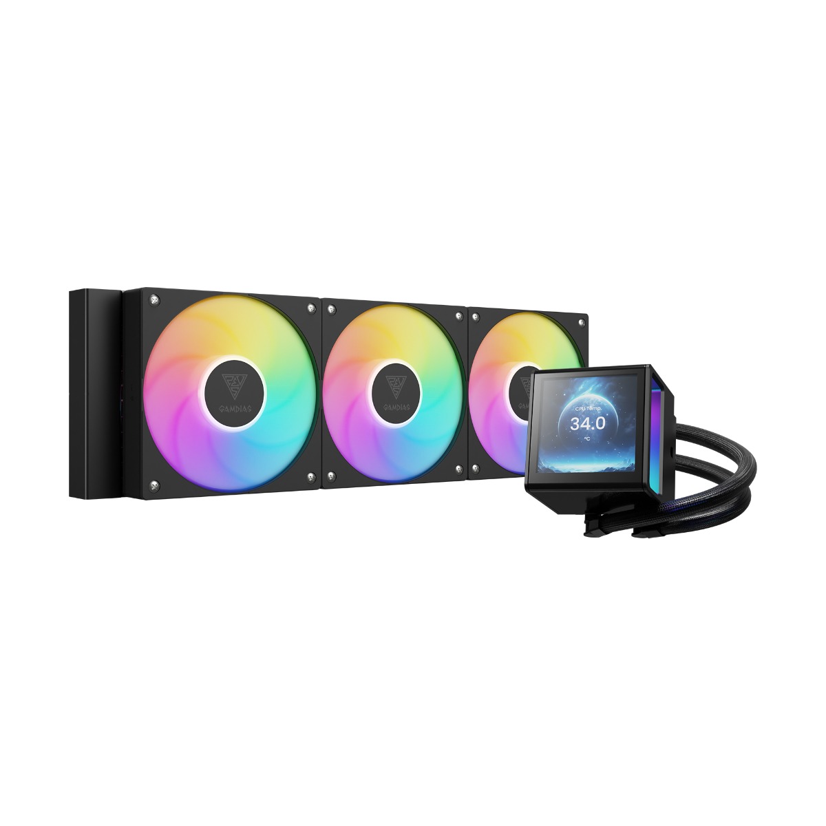 360 PWM CPU Koeler|DIGITAL DISPLAY VOOR GIF VIDEO|360mm aRGB Liquid Cooler|Intel/AMD Processor Waterkoeler (Addressable)| GAMDIAS Chione P5-360 (Socket: 1200, 1700, 1851|AM5, AM4) afbeelding