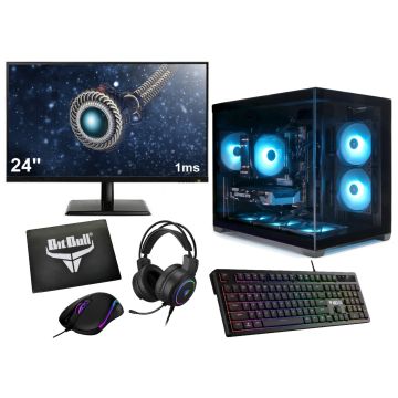 Ryzen 5 Budget Game PC Setup Compleet met 24" Gaming Monitor, Toetsenbord, Muis, Headset en Muismat|500GB SSD|16GB RAM|Mini Aquarium Case met aRGB Towercooler - Gamdias AURA GC10M