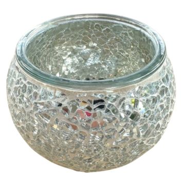 Handgemaakte zilver/grijs mozaïek theelichthouder 370 gram voor theelichtjes en waxinelichtjes, 11x11x9 cm
