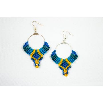 Macramé Oorhangers - Blauw/Geel - Handgemaakt van duurzaam Waxed Polyester - Model H03