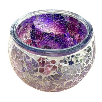 Handgemaakte paars/zilver mozaïek theelichthouder geschikt voor theelichtjes en waxinelichtjes, 11x11x9 cm
