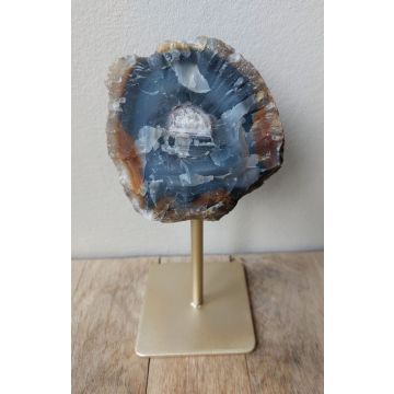 Natuur Agaat op Metalen Standaard - Blauw / Rode Agaat met Gouden Standaard - 19cmx9cm - 0.7kg