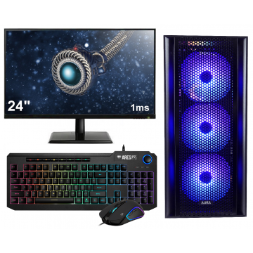 AMD Ryzen 7 5700G 8-Core Budget Game PC SET met RGB LED verlichting in MESH Behuizing - 24" 1ms Scherm - Gaming Toetsenbord en Muis - 16GB (2x8) RAM - 500GB M.2 SSD - RX Vega 8 - Windows 11 Professional