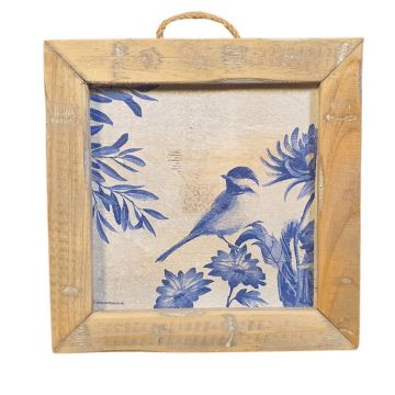 Houten wandtegel met een blauwe vogel in een houten lijst. 22 x 22 x 3.5 cm | Dutch Mood