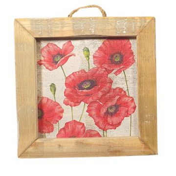 Houten wandtegel met een afbeelding van rode klaprozen in een houten lijst. 22 x 22 x 3.5 cm