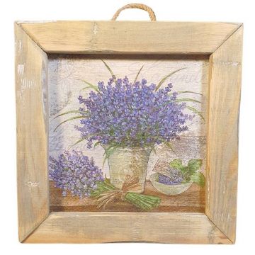 Houten wandtegel met Lavendelafbeelding in een houten lijst. 22 x 22 x 3.5 cm | Dutch Mood
