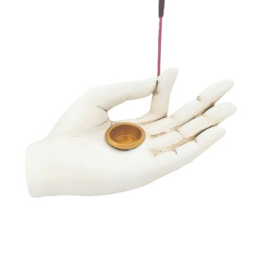 Witte wierookhouder in handvorm van polyresin voor wierookstokjes en kegeltjes, afmetingen 11x5,5x4 cm, meditatie accessoire