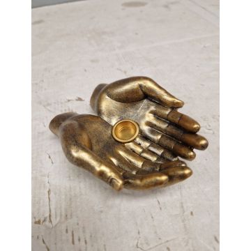 Gouden wierookhouder met twee handen van polyresin voor wierookstokjes en kegeltjes, 11x8x3,5 cm, luxe meditatie accessoire
