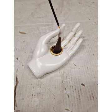 Witte wierookhouder in handvorm van polyresin voor wierookstokjes en kegeltjes, afmetingen 11x5,5x4 cm, meditatie accessoire
