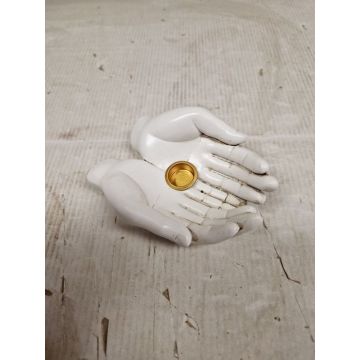 Witte wierookhouder met twee handen van polyresin voor wierookstokjes en kegeltjes, 11x8x4 cm, meditatie decoratie accessoire
