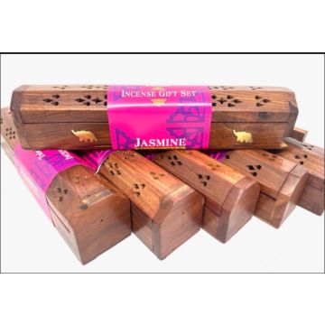 Houten wierook gift set met decoratieve kist en 20 Jasmine wierookstokjes, 30x5,5x5 cm, met messing olifant-inlay, luxe cadeau
