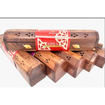 Houten wierook gift set met decoratieve kist en 20 Vanilla wierookstokjes, 30x5,5x5 cm, met messing olifant-inlay, luxe cadeau
