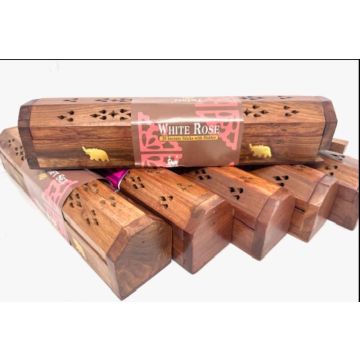 Houten wierook gift set met decoratieve kist en 20 White Rose wierookstokjes, 30x5,5x5 cm, met messing olifant-inlay, luxe cadeau
