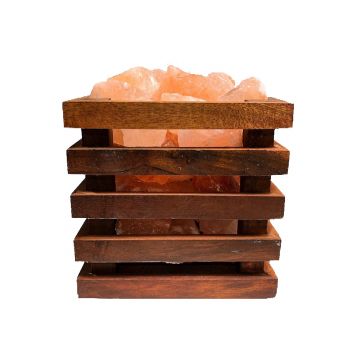 Zoutlamp - Himalaya Zoutstenen - Houten Korfje  - Vierkant 