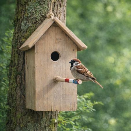 Houten vogelhuisje met puntdak in Old Dutch finishing met Nederlandse vlag, 16x14x25 cm, geschikt voor koolmees