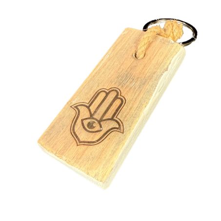 Beschermende houten sleutelhanger met Hamsa Hand van duurzaam dukdalf hout