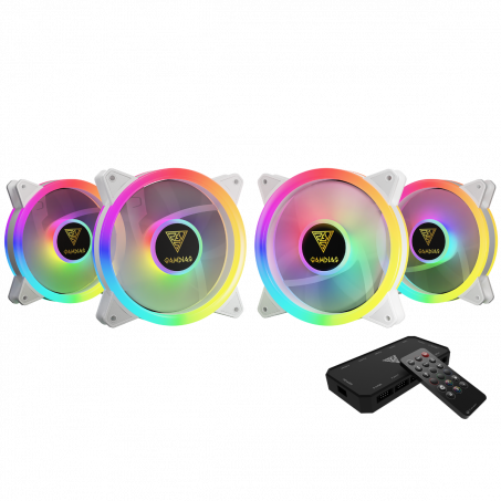 Gamdias 4x 120mm PC Ventilator Fans Wit met aRGB LED verlichting SET met 8-Fan HUB en Afstandsbediening / Computer 4-Fan Pack with HUB and Remote Controller - Addressable RGB Daisy Chain - Aeolus M2-1204R WHITE