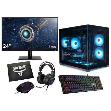 Ryzen 7 8-Core Game PC Setup Compleet met 24" Gaming Monitor, Toetsenbord, Muis, Headset en Muismat|500GB SSD|16GB RAM|Mini Aquarium Case met aRGB Towercooler - Gamdias AURA GC10M