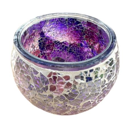 Handgemaakte paarse mozaïek theelichthouder geschikt voor theelichtjes en waxinelichtjes, 11x11x9 cm
