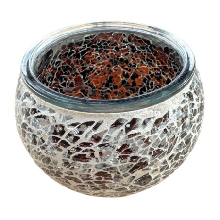 Handgemaakte zwart/zilver mozaïek theelichthouder 370 gram voor theelichtjes en waxinelichtjes, 11x11x9 cm
