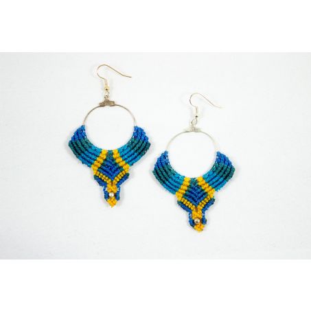 Macramé Oorhangers - Blauw/Geel - Handgemaakt van duurzaam Waxed Polyester - Model H03