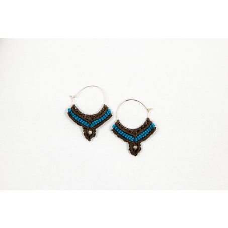 Macramé Oorringen - Donker Bruin / Turquoise Blauw - Handgemaakt van duurzaam Waxed Polyester - Model 21