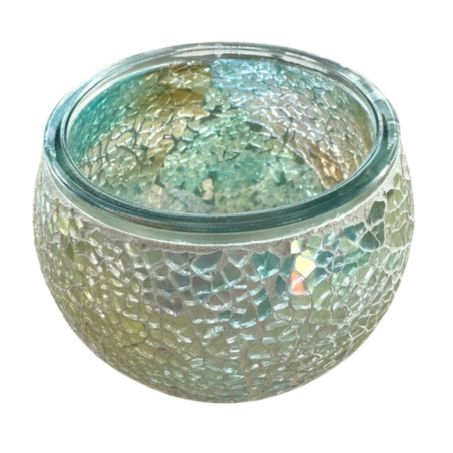 Handgemaakte jade mozaïek theelichthouder met groen iriserende mozaïektinten, 11x11x9 cm, voor theelichtjes
