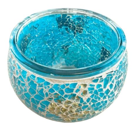 Handgemaakte Ocean Goud mozaïek theelichthouder met blauw, turquoise en gouden mozaïektinten, 11x11x9 cm
