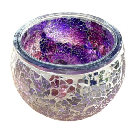 Handgemaakte paars/zilver mozaïek theelichthouder geschikt voor theelichtjes en waxinelichtjes, 11x11x9 cm
