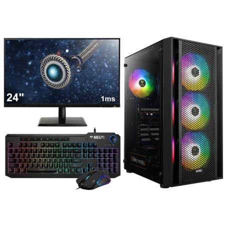 Complete 144Hz Gaming PC Setup - 24" Gaming Monitor, -Toetsenbord en -Muis - Ryzen 5 6-Core - RTX 3050 - 16GB - 1TB SSD - Gamdias Aura GC2