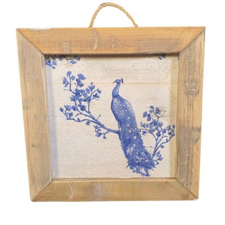 Houten wandtegel met een blauwe pauw in een houten lijst. 22 x 22 x 3.5 cm | Dutch Mood
