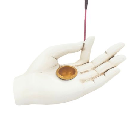 Witte wierookhouder in handvorm van polyresin voor wierookstokjes en kegeltjes, afmetingen 11x5,5x4 cm, meditatie accessoire