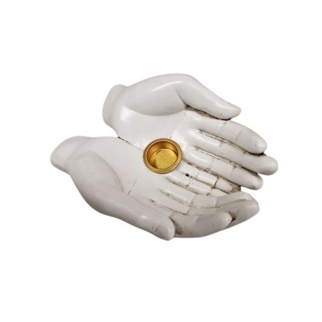 Witte wierookhouder met twee handen van polyresin voor wierookstokjes en kegeltjes, 11x8x4 cm, meditatie decoratie accessoire