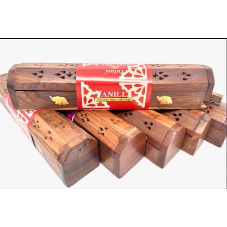 Houten wierook gift set met decoratieve kist en 20 Vanilla wierookstokjes, 30x5,5x5 cm, met messing olifant-inlay, luxe cadeau
