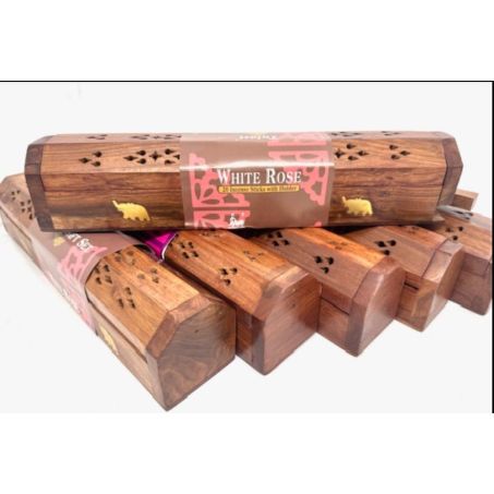 Houten wierook gift set met decoratieve kist en 20 White Rose wierookstokjes, 30x5,5x5 cm, met messing olifant-inlay, luxe cadeau
