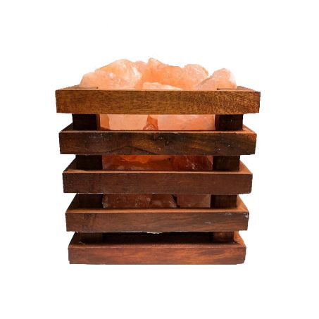 Zoutlamp - Himalaya Zoutstenen - Houten Korfje  - Vierkant 