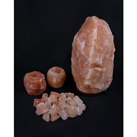 Himalaya Zoutsteen Set - Zoutlamp 15-20kg, 2x Waxinelichthouders Groot 1-1,5kg, 10x8cm, Brokken Badzout 1kg